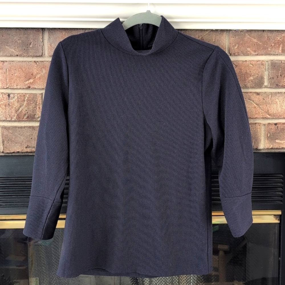 Women's Ann Taylor Small Neck Ribbed Top Dark Blue Textured Shirt